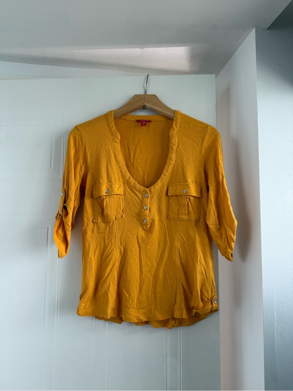 Guess Women's Mustard Yellow Henley Tunic Top